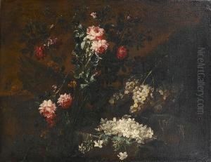 Roses And Morning Glory Beside A Stone Ledge With Grapes And Jasmine