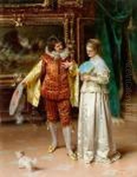 Noble Couple With Dog In A Picture Gallery - view 1