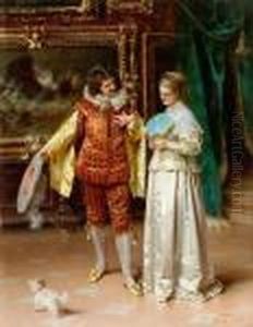 Noble Couple With Dog In A Picture Gallery by Francesco Vinea