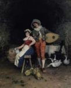 Gallant Wooing. Signed And Dated Bottom Right: F. Vinea Firenze 1884 by Francesco Vinea
