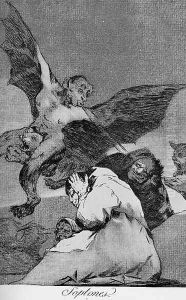 Caprichos - Plate 48: Tale-Bearers: Blasts of Wind by Francisco Goya Fuendetodos