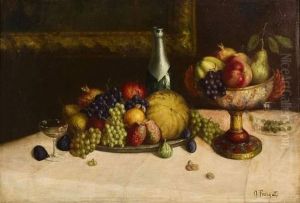 Nature Morte Aux Fruits Et Bouteille De Vin. by Adolfo A. Ferraguti Visconti