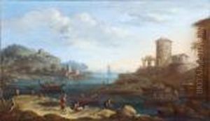 Paesaggio Costiero Con Torre, Pescatori E Barche
