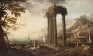 An Italianate Coastal Landscape With Figures Before A Ruined Portico