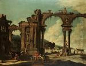 A Of An Italianate Landscape
With Figures Amongst Temple Ruins, A Man O'war At Anchor In A Harbour
Beyond by Nicola Viso