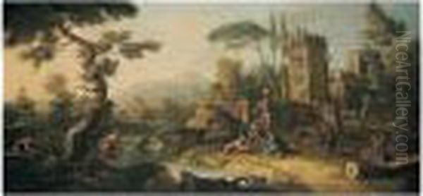 A River Landscape With Figures And Travellers By Architectural Ruins - view 1