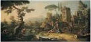A River Landscape With Figures And Travellers By Architectural Ruins by Nicola Viso