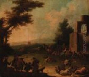 An Italianate Landscape With Travellers And Shepherds By Aruin by Nicola Viso