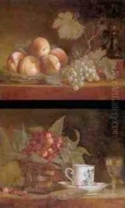 Still Life With A Basket Of
Cherries, A Cup Of Tea And A Wine Glass All Resting On A Ledge And A
Still Life Of Peaches, Grapes And A Bottle Of Wine All Resting On A
Ledge: A Pair Of Paintings by Francois Xavier Vispre