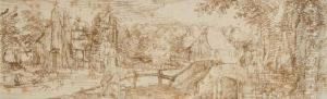 A Village Seen Across A Canal,
Peasants Approaching A Bridge Over A Tributary In The Foreground by Claes Jansz Ii Visscher