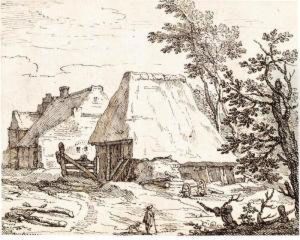 View Of Thatched Farm Buildings, With The Farmer And His Dog In The Foreground