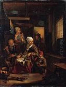 An Old Woman Baking Pancakes On
An Open Fire, An Old Man Smoking Apipe And A Child Nearby, In A Kitchen by Cornelius de Visscher