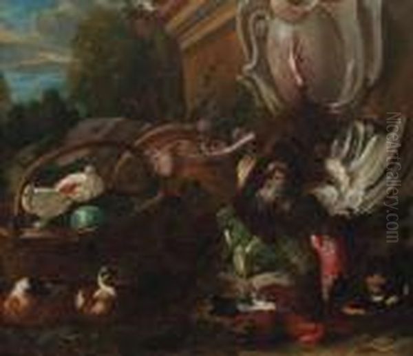 A Dead Turkey Hanging On A Rope 
From A Sculpted Cartouche On Apedestal With A Cabbage, A Dead Hen, 
Ducks, Pumpkins And Doves In Abasket By Upturned Garden Ornaments In A 
Landscape - view 1