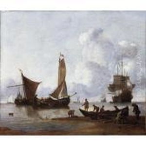 Fishermen Unloading Their Catch
On The Shore, Moored Fishing Boats And Dutch Men-o'-war At Anchor Beyond by Wigerius Vitringa