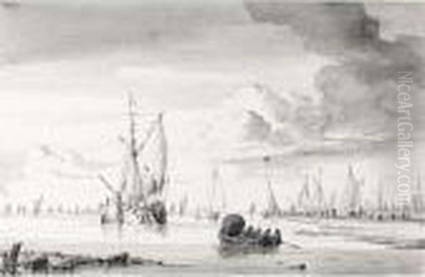Various Ships And A Rowing Boat On An Estuary - view 1