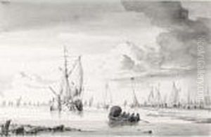 Various Ships And A Rowing Boat On An Estuary by Wigerius Vitringa