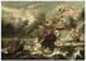 A Man-of-war And Other Sailing Vessels In Stormy Waters A Man-of-war And Other Sailing Vessels In Stormy Waters