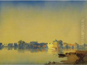 Dutch River With A Town In The Distance by Floris Verster