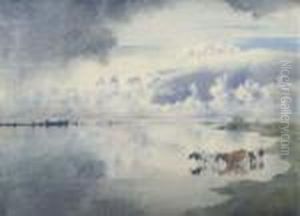 Watering Cows Along The River Ijsel by Floris Verster