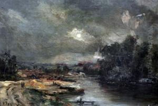 River Landscape Under Moonlight - view 1