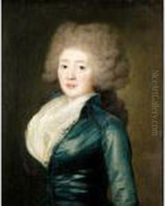 Portrait Of A Lady Half Length, Wearing A Blue Satin Dress