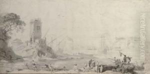 View Of A Harbour With Fishermen Hauling Up Nets, And A Watchtower On A Promontory