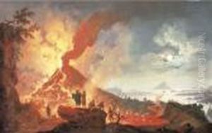 Vesuvius Erupting At Night With Onlookers, The Bay Of Naplesbeyond by Pierre-Jacques Volaire
