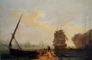 Mediterranean Bay With A Merchantman Unloading