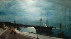Harbour Of Volos By Moonlight by Constantinos Volanakis