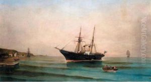 A French Steamer In A Greek Harbour by Constantinos Volanakis