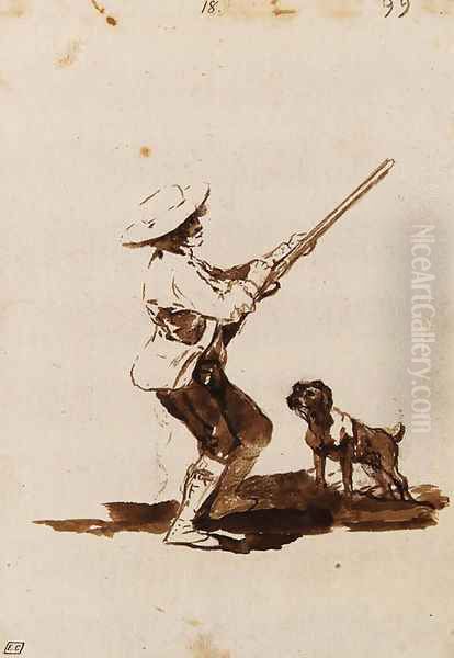A Hunter loading his Gun, accompanied by his dog - view 1