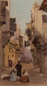 Figures Conversing On A Street In Cairo by Aleksandr Nikolaev. Volkov Muromzoff