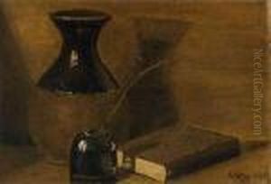 Stillleben Mit Flasche, Buch Und Tintenfass by Alexis Vollon