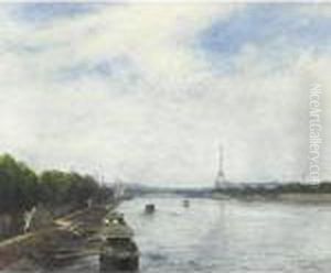 On The Seine, Paris, Eiffel Tower In The Distance by Alexis Vollon
