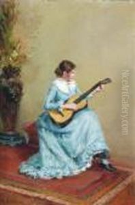 A Young Lady Musician In An Interior by Alexis Vollon
