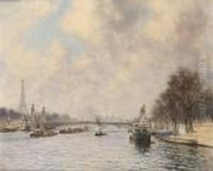 View Of The Seine Looking Towards The Eiffel Tower And Pont Alexandre Iii by Alexis Vollon