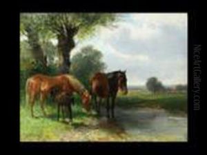 Pferde An Der Tranke by Ludwig Gustav Voltz
