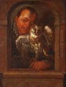 A Man With An Owllooking Through A Stone Arch
