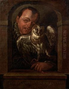 A Man With An Owl Looking Through A Stonearch