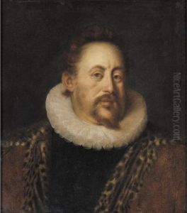 Count Otto Heinrich Von
Schwarzenberg Half Length Wearing A White Ruff
And A Leopard Skin Cloak by Hans Von Aachen