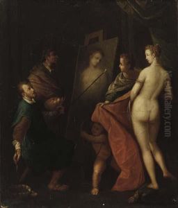 An Allegory Of The Arts: The Interior Of An Artist's Studio With Amodel Posing by Hans Von Aachen