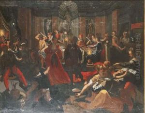 Elegant Figures Making Merry In A Palacial Interior At Night As Mascarades Enter