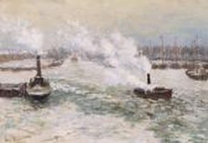 Winterlicher Hafen Mit Dampfschleppern Und Segelbooten by Hans Von Bartels