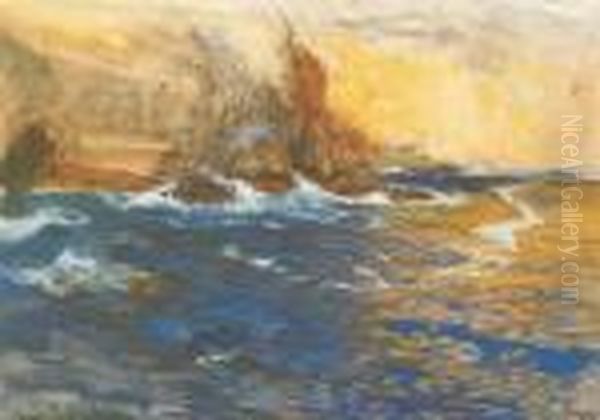 Brandung An Der Felsenkuste Von
Ragusa Auf Sizilien. Gouache Und Aquarell Auf Papier. 31 X 44 Cm. 1901.
Signiert, Datiert Und Bezeichnet. Ruckseitig Mit Nachlasstempel. Im
Seidenpassepartout, Hervorragend Unter Glas Gerahmt. - view 1