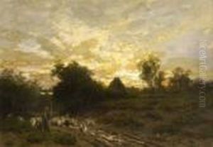 Schafer Mit Herde Auf Dem
 Heimweg