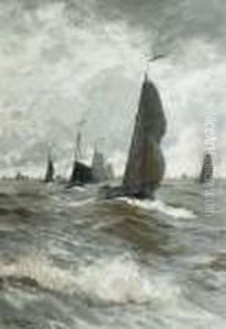 A Fishing Fleet In A Stiff Breeze On The Zuiderzee by Hans Von Bartels