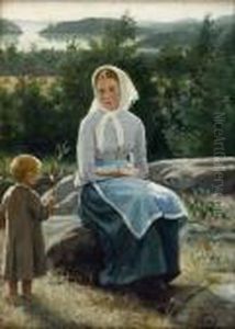 Aiti Ja Lapsi Kalliolla. by Adolf von Becker