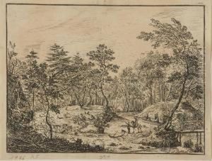 Waldige Flusslandschaft Mit Einem Jager Und Einem Hund. by Peter Von Bemmel