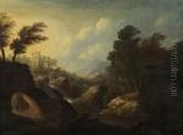 Italienische Mittelgebirgslandschaft Mit Ruine Und Grotte. - view 1