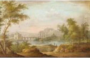 A River Landscape With Fishermen And A Bridge Beyond A River Landscape With Fishermen And A Bridge Beyond